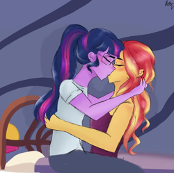 Size: 1080x1074 | Tagged: safe, artist:_denart, derpibooru import, sci-twi, sunset shimmer, twilight sparkle, equestria girls, blushing, clothes, eyes closed, female, glasses, hug, kissing, lesbian, scitwishimmer, shipping, signature, sunsetsparkle