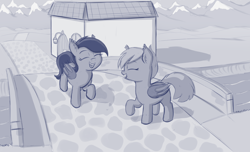 Size: 4000x2436 | Tagged: safe, artist:heretichesh, derpibooru import, oc, oc:echo, oc:midnight blossom, bat pony, pony, bridge, cobblestone street, curtain, female, friendship, happy, house, lamp, laughing, mare, river, scenery, sketch, water, window