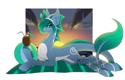 Size: 5148x3300 | Tagged: safe, artist:minelvi, derpibooru import, oc, oc only, earth pony, pony, chest fluff, cloud, coconut, commission, ear fluff, ears, earth pony oc, eyelashes, food, hoof hold, leonine tail, lying down, outdoors, prone, signature, simple background, solo, sunset, transparent background, ych result