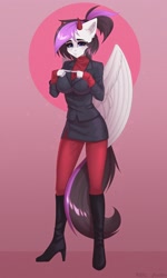 Size: 1500x2500 | Tagged: safe, artist:villjulie, derpibooru import, oc, oc only, anthro, pegasus, plantigrade anthro, blushing, boots, clothes, helltaker, high heels, horns, jacket, knee-high boots, pants, shoes, skirt, skirt suit, solo, spread wings, sweater, turtleneck, wings