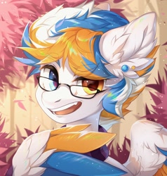 Size: 1946x2048 | Tagged: safe, artist:minekoo2, derpibooru import, oc, oc only, pegasus, pony, bust, clothes, ear piercing, earring, glasses, heterochromia, jewelry, looking at you, piercing, portrait, scarf, smiling, solo