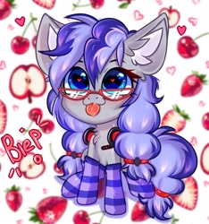 Size: 2019x2160 | Tagged: safe, artist:pesty_skillengton, derpibooru import, oc, oc only, oc:cinnabyte, earth pony, pony, :p, blepping, blushing, chest fluff, chibi, clothes, ear fluff, ears, female, glasses, headphones, heart eyes, mare, sitting, socks, solo, striped socks, tongue out, wingding eyes