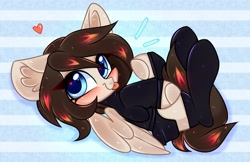 Size: 2560x1659 | Tagged: safe, artist:pesty_skillengton, derpibooru import, oc, oc only, pegasus, pony, blushing, chibi, clothes, heart, looking at you, raspberry, skirt, smiling, spread wings, stockings, sweater, thigh highs, tongue out, turtleneck, wings