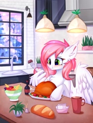 Size: 3000x4000 | Tagged: safe, artist:pesty_skillengton, derpibooru import, oc, oc only, oc:sugar morning, bird, pegasus, pony, blushing, bread, chest fluff, eating, food, fork, kitchen, meat, ponies eating meat, smiling, snow, solo, tree, turkey, window, wing hands, wing hold, wings