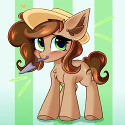 Size: 3000x3000 | Tagged: safe, artist:pesty_skillengton, derpibooru import, oc, oc only, oc:nutty special, earth pony, pony, blushing, chest fluff, chibi, hat, mouth hold, smiling, solo, spade