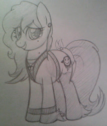 Size: 1001x1173 | Tagged: safe, artist:amgiwolf, derpibooru import, oc, oc only, oc:amgi, earth pony, pony, clothes, earth pony oc, eyelashes, grayscale, hoof fluff, monochrome, smiling, solo, traditional art