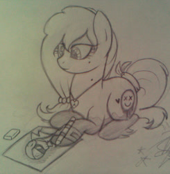 Size: 1178x1200 | Tagged: safe, artist:amgiwolf, derpibooru import, oc, oc only, oc:amgi, earth pony, pony, clothes, drawing, earth pony oc, eyelashes, grayscale, hoof fluff, jewelry, lying down, monochrome, necklace, pencil, prone, smiling, solo, tail wrap, traditional art