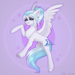 Size: 2000x2000 | Tagged: safe, artist:villjulie, derpibooru import, oc, oc only, pegasus, pony, chest fluff, flying, smiling, sparkles, underhoof