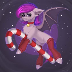 Size: 2000x2000 | Tagged: safe, artist:villjulie, derpibooru import, oc, oc only, bat pony, pony, bell, bell collar, candy, candy cane, chest fluff, collar, food, leg warmers, looking at you, snow, solo, spread wings, wings