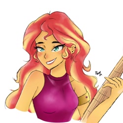 Size: 1080x1080 | Tagged: safe, artist:_denart, derpibooru import, sunset shimmer, equestria girls, bust, clothes, ear piercing, female, grin, guitar, musical instrument, piercing, scene interpretation, signature, simple background, sleeveless, smiling, solo, white background