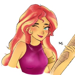 Size: 1080x1080 | Tagged: safe, artist:_denart, derpibooru import, sunset shimmer, equestria girls, bust, clothes, female, guitar, musical instrument, one eye closed, piercing, scene interpretation, signature, simple background, sleeveless, smiling, solo, white background, wink