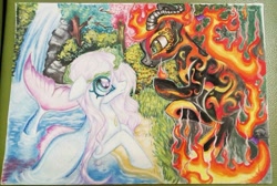 Size: 1024x687 | Tagged: safe, artist:maryhoovesfield, derpibooru import, oc, oc only, original species, duo, fire, horns, looking at each other, outdoors, traditional art, waterfall