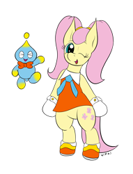 Size: 1728x2265 | Tagged: safe, artist:wapamario63, fluttershy, pegasus, pony, alternate hairstyle, bipedal, bow, chao, clothes, cosplay, cream the rabbit, cute, female, mare, one eye closed, outfit, shyabetes, simple background, solo, sonic the hedgehog (series), transparent background, twintails, wink