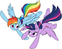 Size: 10710x8460 | Tagged: safe, artist:ambris, artist:doktorrf, ponerpics import, rainbow dash, twilight sparkle, twilight sparkle (alicorn), alicorn, pegasus, pony, absurd resolution, blushing, female, flying, lesbian, mare, shipping, simple background, transparent background, twidash, vector