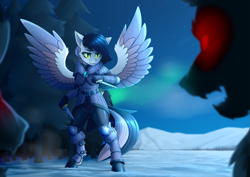 Size: 3377x2387 | Tagged: safe, artist:dipfanken, oc, oc only, anthro, pegasus, semi-anthro, wolf, arctic, armor, bipedal, clothes, dagger, forest, high res, open mouth, red eyes, snow, tree, weapon