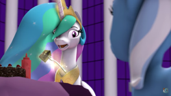 Size: 1366x768 | Tagged: safe, artist:argodaemon, screencap, princess celestia, trixie, alicorn, pony, unicorn, cake, cakelestia, canterlot, duo, faceless female, fork, gasp, ketchup, looking at each other, looking at you, open mouth, shocked expression, sombra's new groove, table, telekinesis