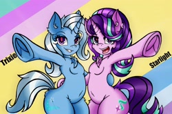 Size: 4096x2710 | Tagged: safe, alternate version, artist:canvymamamoo, starlight glimmer, trixie, anthro, unicorn, abstract background, belly button, breasts, chest fluff, duo, ear fluff, ears, female, frog (hoof), grin, looking at you, mare, open mouth, raised hoof, raised leg, smiling, text, underhoof