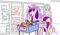 Size: 1305x765 | Tagged: safe, artist:jargon scott, princess cadance, alicorn, pony, bread, candy, candy hearts, cola cola, female, food, frozen, glowing eyes, grocery store, horn, mare, murrlogic, open mouth, peetzer, pizza, princess of love, shelf, shopping, shopping cart, smiling, soda, solo, supermarket, wine, wonder bread