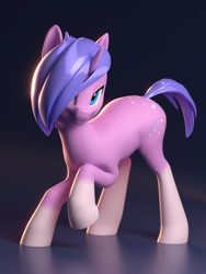 Size: 1200x1600 | Tagged: safe, artist:shydale, oc, oc only, oc:startrail, pony, unicorn, 3d, blender, coat markings, dappled, female, freckles, looking at you, mare, raised hoof, raised leg, simple background, smiling, socks (coat marking), solo, spots