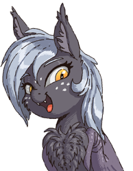 Size: 428x552 | Tagged: safe, artist:shydale, oc, oc only, oc:reeree, bat pony, pony, :d, bat pony oc, chest fluff, chest fluff squeeze, cute, ear fluff, ears, fangs, female, flockmod, freckles, mare, open mouth, simple background, slit eyes, smiling, white background