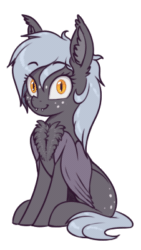 Size: 226x400 | Tagged: safe, artist:shydale, oc, oc only, oc:reeree, bat pony, pony, animated, bat pony oc, butt freckles, chest fluff, chest fluff squeeze, cute, ear fluff, ears, eyebrow wiggle, female, freckles, gif, mare, simple background, sitting, slit eyes, transparent background, white outline
