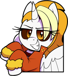 Size: 478x535 | Tagged: safe, artist:shinodage, oc, oc only, oc:dyx, alicorn, pony, female, filly, jacket, looking at you, simple background, solo, transparent background