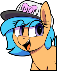 Size: 395x492 | Tagged: safe, artist:shinodage, oc, oc only, oc:little league, earth pony, pony, female, filly, hat, looking at you, simple background, solo, transparent background