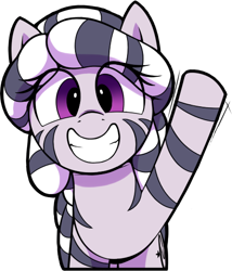 Size: 446x522 | Tagged: safe, artist:shinodage, oc, oc only, oc:zala, pony, zebra, female, filly, looking at you, simple background, smiling, solo, transparent background, waving, zebra oc