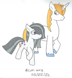 Size: 1323x1435 | Tagged: safe, artist:cmara, derpibooru import, marble pie, prince blueblood, earth pony, pony, unicorn, female, hair over one eye, looking at each other, male, marbleblood, mare, raised hoof, raised leg, shipping, simple background, stallion, straight, traditional art, unshorn fetlocks, white background