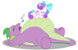Size: 1280x828 | Tagged: safe, artist:aleximusprime, derpibooru import, princess flurry heart, spike, alicorn, dragon, pony, flurry heart's story, adult, adult spike, belly, belly bed, big belly, bow, chubby, chubby spike, comfy, cuddling, cute, duo, eyes closed, fat spike, female, filly, filly flurry heart, floating eyebrows, impossibly large belly, male, male and female, older, older flurry heart, older spike, onomatopoeia, open mouth, plump, resting, sleeping, snoozing on floor, snuggling, sound effects, tail bow, vector, winged spike, zzz