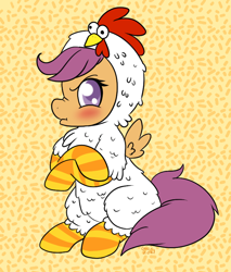 Size: 720x847 | Tagged: safe, artist:therainbowtroll, derpibooru import, scootaloo, chicken, pegasus, pony, angry, animal costume, chicken suit, clothes, costume, cute, cutealoo, grumpaloo, madorable, scootachicken, silly, silly pony, socks, striped socks