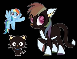 Size: 750x572 | Tagged: safe, derpibooru import, rainbow dash, oc, oc:cherry, cat, cat pony, earth pony, hybrid, original species, pegasus, pony, adopted offspring, black background, boop, cat ears, cat tail, dark raimbow mane, pink eyes, raimbow hoves, simple background, solo
