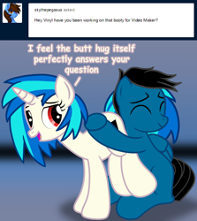 Size: 7200x8070 | Tagged: safe, artist:agkandphotomaker2000, derpibooru import, dj pon-3, vinyl scratch, oc, oc:pony video maker, pegasus, pony, unicorn, ask, butthug, canon x oc, dialogue, female, hug, hugging a butt, looking at you, male, shipping, show accurate, simple background, straight, tumblr, tumblr:pony video maker's blog, videoscratch