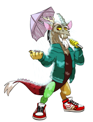 Size: 3881x5065 | Tagged: safe, artist:chub-wub, derpibooru import, discord, draconequus, beard, clothes, commission, dripcord, facial hair, jacket, male, nike, nike (brand), rain, shoes, simple background, sneakers, solo, transparent background, umbrella, wet