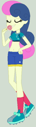 Size: 160x556 | Tagged: safe, artist:jadethepegasus, artist:selenaede, derpibooru import, bon bon, sweetie drops, equestria girls, base used, belly button, candy, cleats, clothes, cneakers, eyes closed, food, gray background, grin, lollipop, midriff, shirt, short shirt, shorts, simple background, smiling, socks, solo, sports shorts, t-shirt