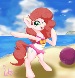 Size: 1280x1335 | Tagged: safe, artist:inky_mitts, derpibooru import, pinkie pie, earth pony, pony, ball, beach, clothes, equestria girls outfit, female, mare, solo, swimsuit