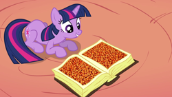 Size: 1920x1080 | Tagged: safe, derpibooru import, edit, edited screencap, editor:i-shooped-a-pwny, screencap, twilight sparkle, unicorn twilight, pony, unicorn, the return of harmony, beans, book, exploitable meme, female, food, golden oaks library, jewelry, lying down, meme, prone, solo, twilights book meme