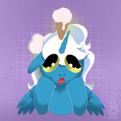 Size: 2048x2048 | Tagged: safe, artist:arcticanimoto, derpibooru import, oc, oc:fleurbelle, alicorn, alicorn oc, big eyes, bow, drool, female, food, hair bow, horn, ice cream, ice cream cone, mare, wingding eyes, wings