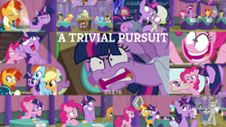 Size: 1978x1113 | Tagged: safe, derpibooru import, edit, edited screencap, editor:quoterific, screencap, applejack, bulk biceps, cheerilee, cranky doodle donkey, cup cake, doctor whooves, granny smith, lily, lily valley, matilda, maud pie, mudbriar, pinkie pie, rainbow dash, spike, sunburst, twilight sparkle, twilight sparkle (alicorn), alicorn, dragon, earth pony, pegasus, pony, a trivial pursuit, angry, applejack's hat, bag, bell, bipedal, book, clothes, cowboy hat, ears, eyes closed, female, floppy ears, flying, force field, glowing horn, hat, horn, hug, magic, magic aura, messy mane, open mouth, saddle bag, shocked, this is trivia trot, twilight snapple, winged spike