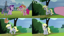 Size: 1986x1117 | Tagged: safe, derpibooru import, edit, edited screencap, editor:quoterific, screencap, derpy hooves, maud pie, pinkie pie, starlight glimmer, earth pony, pegasus, pony, unicorn, rock solid friendship, derp, female, food, gritted teeth, one eye closed, open mouth, pizza, pizza costume, teeth, trio, trio female, trotting