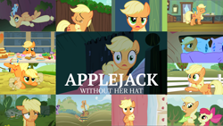 Size: 1978x1113 | Tagged: safe, derpibooru import, edit, edited screencap, editor:quoterific, screencap, apple bloom, applejack, rainbow dash, twilight sparkle, unicorn twilight, earth pony, pegasus, pony, unicorn, a bird in the hoof, apple family reunion, applebuck season, bloom and gloom, family appreciation day, friendship is magic, look before you sleep, made in manehattan, sisterhooves social, the cart before the ponies, the cutie pox, the last roundup, where the apple lies, apple, applejack's hat, bow, bucket, clothes, cowboy hat, derp, female, filly, food, hat, hatless, messy mane, missing accessory, shocked, teenage applejack, teenager, walking