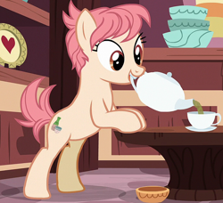 Size: 1036x943 | Tagged: safe, derpibooru import, screencap, raspberry vinaigrette, earth pony, pony, discordant harmony, bipedal, bipedal leaning, cup, female, leaning, mare, mouth hold, solo, teacup, teapot