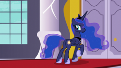 Size: 1920x1080 | Tagged: safe, derpibooru import, screencap, princess luna, alicorn, pony, a royal problem, butt, female, looking back, luna is not amused, mare, plot, raised hoof, raised leg, solo, sun, swapped cutie marks, unamused