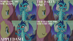 Size: 1986x1117 | Tagged: safe, derpibooru import, edit, edited screencap, editor:quoterific, screencap, fluttershy, princess ember, dragon, pegasus, pony, sweet and smoky, dragoness, duo, duo female, eyes closed, female, implied appledash, implied lesbian, implied shipping, open mouth