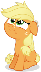 Size: 2249x3922 | Tagged: safe, alternate version, artist:cirillaq, derpibooru import, applejack, earth pony, pony, blank flank, ears, female, filly, filly applejack, floppy ears, high res, sad, simple background, solo, transparent background, unhapplejack, vector, younger