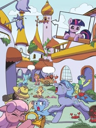 Size: 768x1024 | Tagged: safe, derpibooru import, idw, twilight sparkle, twilight sparkle (alicorn), alicorn, bird, crab, earth pony, pony, spoiler:comic, spoiler:comic95, crying, door, eyes closed, female, filly, male, mare, musical instrument, open mouth, pinch, plant, running, sad, season 10, sleeping, stallion, tears of pain, trumpet, window