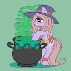 Size: 1080x1080 | Tagged: safe, artist:mediocre.mare, derpibooru import, earth pony, pony, bipedal, cauldron, female, green background, grin, hat, little witch academia, mare, ponified, simple background, smiling, solo, sucy manbavaran, witch, witch hat