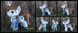 Size: 4133x1754 | Tagged: safe, artist:peruserofpieces, derpibooru import, oc, oc:littlepip, pony, unicorn, fallout equestria, clothes, determined, female, horn, irl, mare, photo, pipbuck, plushie, shirt, smiling, solo, standing, tree, undershirt