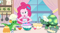 Size: 1366x768 | Tagged: safe, derpibooru import, screencap, gummy, pinkie pie, tank, alligator, tortoise, equestria girls, equestria girls series, the craft of cookies, spoiler:eqg series (season 2), apron, chef's hat, clothes, coffee cup, cup, female, frying pan, geode of sugar bombs, hat, headband, kitchen, looking at you, magical geodes, male, open mouth, plushie, reptile, sink, tanktop, tummy ache, window
