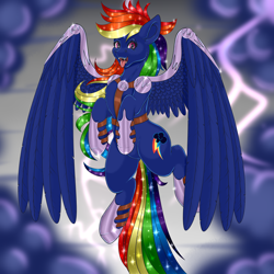 Size: 6890x6890 | Tagged: safe, artist:creed larsen, derpibooru import, rainbow dash, pegasus, pony, armor, fangs, language, long mane, long tail, nightmare rainbow dash, nightmarified, open mouth, thunderstorm, wings